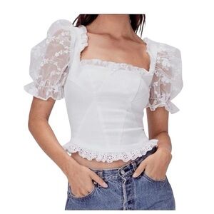 For Love & Lemons Rawlings Lace Puff Sleeve Corset Top